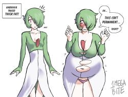 1girls 1megabite belly belly_bigger_than_head belly_expansion big_belly big_breasts blush breast_expansion breasts cardigan chubby cleavage dialogue dress embarrassed expansion fat female gameplay_mechanics gardevoir green_hair humanoid object_between_breasts onemegabite original overweight overweight_female pale_skin panties plump pokemon pokemon_(species) pokemon_ability red_eyes ripped_clothing sequence short_hair skinny small_breasts solo standing thick_thighs tight_clothing wardrobe_malfunction weight_gain white_skin wide_hips