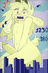 anthro ass big_ass big_butt big_penis caprine chimera city embarrassed erection floppy_ears furry giant goat hare horns humanoid kapu kapurin lagomorph leaking_cum long_ears long_hair macro male naked penis red_eyes sitting sky thick_thighs yellow_fur
