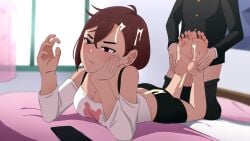 1boy archnoodle ayase_momo barefoot black_pants black_shirt black_shorts blurry blurry_background blush breasts brown_eyes brown_hair cellphone censored cleavage closed_mouth crossed_ankles crossed_bangs cum cum_on_body cum_on_clothes cum_on_feet cum_on_hair cum_on_legs cumdrip curtains dandadan erection feet feet_up female foot_pussy footjob full_body hair_between_eyes highres holding holding_phone indoors large_breasts long_sleeves lying mosaic_censoring off-shoulder_shirt off_shoulder on_bed on_stomach pants penis phone school_uniform shadow shirt short_shorts shorts smartphone soles spread_toes straight takakura_ken_(dandadan) textless_version the_pose toes two-footed_footjob variant_set window