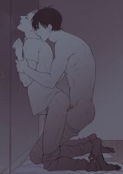 19_days 2boys against_wall anal ass biting biting_neck closed_eyes closed_mouth clothes_pull commentary_request earrings erection full_body gay gay_male greyscale he_tian highres jewelry kneeling male male_focus male_pubic_hair mo_guan_shan monochrome multiple_boys nipples pants pants_pull pubic_hair rororei sex sex_from_behind shirt short_hair sweat toned toned_male topless_male yaoi