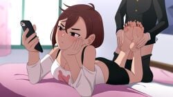 1boy archnoodle ayase_momo barefoot black_pants black_shirt black_shorts blurry blurry_background blush breasts brown_eyes brown_hair cellphone censored cleavage closed_mouth crossed_ankles crossed_bangs curtains dandadan erection feet feet_up female foot_pussy footjob full_body hair_between_eyes highres holding holding_phone indoors large_breasts long_sleeves lying mosaic_censoring off-shoulder_shirt off_shoulder on_bed on_stomach pants penis phone school_uniform shadow shirt short_shorts shorts smartphone soles spread_toes straight takakura_ken_(dandadan) textless_version the_pose toes two-footed_footjob variant_set window