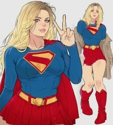 blonde_female blonde_hair boots breasts cape clothed clothes clothing coat curvaceous curvaceous_body curvaceous_female curvaceous_figure curvaceous_hips curvy curvy_body curvy_female curvy_figure curvy_hips dc dc_comics dcu female female_focus female_only skirt supergirl supergirl_(dcu) superhero superheroine superman_(2025) superman_(series) thick_thighs thighs yoracrab