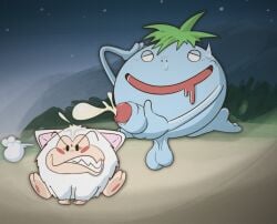 ambiguous_gender angry annoyed balls bastardpalace blue_body blush blush_lines bodily_fluids breath bubble chrono_trigger clenched_teeth cum cum_on_head detailed_background dot_eyes drooling duo ejaculation erection feet fur genital_fluids genitals green_hair hair half-closed_eyes hand_on_face hand_on_penis hands_on_ground hi_res hindpaw humanoid humor jiku_boken_numamonjaa kilwala kneeling male masturbation monster narrowed_eyes nu_(chrono_trigger) open_mouth overweight overweight_male painted_background pawpads paws penis pink_ears pointy_ears relieved saggy_balls saliva simple_eyes size_difference slightly_chubby snot snot_bubble spread_legs spreading square_enix sweat sweatdrop teeth teeth_showing white_body white_fur