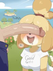 animal_crossing blush breasts cant_see_the_haters cock dick drool drooling furry healerart isabelle_(animal_crossing) nintendo panting penis penis_awe penis_on_face precum tailwag text villager_(animal_crossing) wagging_tail