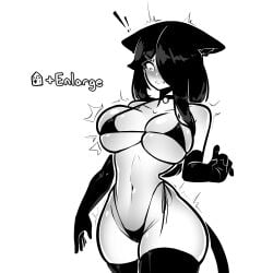 ! !! 1girls 2025 animal_ears bikini black_eyes black_hair blush breast_expansion breasts cat_ears cat_tail catgirl debuff elbow_gloves english_text female final_fantasy_xiv gloves large_breasts long_hair navel original side-tie_bikini skindentation small_clothes standing status_effect surprised tagme tail tekona text thighhighs thighs