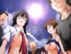 ahoge black_hair breasts brown_hair cloud game_cg gentle_sasaki glasses grin hair_ornament hair_ribbon hairclip hypnosis hypnotized kansen kansen_(series) large_breasts light long_hair looking_at_viewer mind_break mind_control multiple_boys multiple_girls necktie nipples open_mouth ponytail red_eyes shirt_lift short_hair sky smile sun sunlight teeth tied_hair twin_braids twintails