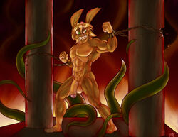 1boy 2013 abs angry anthro balls biceps blonde_hair chained fuckboy fur furry hair lagomorph lapinbeau lapine male male_only muscles nude pecs penis rabbit shackles solo teeth tentacle