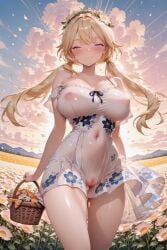 1girls ai_generated arbitrary blonde_hair blue_eyes blush breasts covered_nipples dress female flower flower_in_hair flowers hololive hololive_english hololive_myth large_breasts nipples_visible_through_clothing no_bra no_panties outdoors pussy pussy_visible_through_clothes see-through solo sunset twintails virtual_youtuber vtuber watson_amelia wind