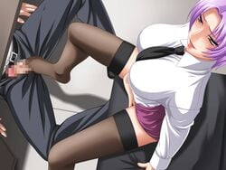 belt blush breasts brown_eyes censored feet fingering footjob highres large_breasts legs looking_down necktie noriheita pants penis purple_hair saikyou_chijo_kamitsukasa_reiko_gohen short_hair sitting skirt smile spread_legs thighhighs thighs