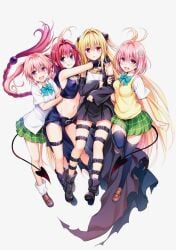 4girls black_dress blonde_hair blue_eyes braid breasts butt_crack detexted female food hips konjiki_no_yami kurosaki_mea lala_satalin_deviluke long_hair looking_at_viewer momo_velia_deviluke nipples_visible_through_clothing official_art pink_eyes pink_hair red_eyes red_hair shoulders smile take_your_pick thighs to_love-ru to_love-ru_darkness white_background wide_hip