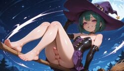 1futa absurd_res ai_generated anus ass balls bangs bare_shoulders barefoot black_choker black_dress black_gloves blush bodily_fluids breasts broom broom_riding choker clothing corset dress elbow_gloves erection feet female full_moon futanari genital_fluids gloves green_hair grin hand_on_headwear hat headwear hi_res high_resolution highres intersex jaja_ai landscape legs little_penis looking_at_viewer male moon night night_sky nude original outdoors penis precum purple_eyes purple_headwear short_hair sidesaddle sitting skirt sky small_breasts smile soles solo spellcaster spellcaster_hat spread_legs star_(sky) starry_sky strapless teeth testicles thighs toenails toes trap very_high_resolution wallpaper witch witch_hat