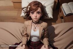 1girls aged_up ai_generated artist_name bed black_choker book breasts brown_eyes brown_hair brown_jacket choker cleavage closed_mouth collarbone earrings flower from_above hair_flower hair_ornament hi_res indoors jacket jewelry lips long_sleeves looking_at_viewer lying medium_breasts medium_hair misaka_mikoto necklace nose on_bed open_clothes open_jacket patreon_username pendant pillow plaid plaid_skirt pov progenarts red_skirt shadow shirt short_hair sitting skirt solo spread_legs to_aru_kagaku_no_railgun to_aru_majutsu_no_index web_address white_flower white_shirt wooden_floor