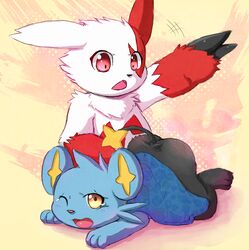 ambiguous_gender blue_fur nintendo pokemon pokemon_(species) red_markings ruugiaruu shinx spanking video_games white_fur zangoose