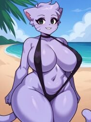 ai_generated anthro anthro_female anthro_focus anthro_only beach blue_sky cloud clouds female female_focus female_only green_eyes huge_breasts katzun lavender_fur lavender_hair purple_fur purple_hair sandy_beach short_hair sky sling_bikini tagme thick_thighs voluptuous voluptuous_anthro voluptuous_body voluptuous_female wide_hips youtube youtube_avatar youtuber youtuber_girl
