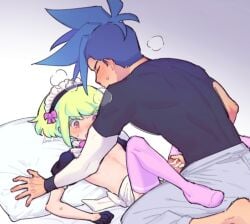 2boys androgynous clothing crossdressing femboy galo_thymos lio_fotia maid maid_headdress promare size_difference stockings thighhighs twink yaoi