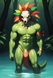 ai_generated forest loincloth male masculine_male muscular outdoors penis penis_peek pond reptile shy standing terraria video_games witch_doctor_(terraria)