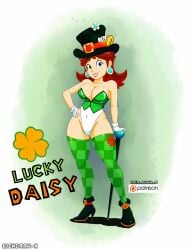 blue_eyes brown_hair cane hat hi_res high_heels highres idendrawx leotard mario_(series) princess_daisy saint_patricks_day