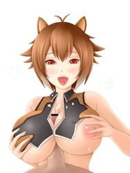 animal_ears antenna_hair azuki_(azki0214dai_z) blazblue breast_squeeze breasts brown_eyes brown_hair censored cum facial female fur large_breasts makoto_nanaya male nipples open_mouth paizuri paizuri_under_clothes penis penis_under_clothes short_hair squirrel_ear straight