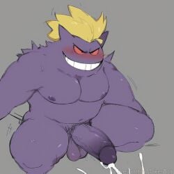 ai_generated blonde_hair blush cum cumshot evil_grin gengar huge_cock male penis pokemon pokemon_(species)