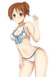 1girls bending_forward bikini brown_eyes brown_hair female k-on! ponytail simple_background smiling_at_viewer solo tagme ui_hirasawa_(k-on!) yasuc