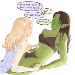 2girls black_bra black_panties blush blush body_hair bra bush bushy_pubes clothed clothed_female elf elf_ears elphaba embarrassed female female_only female_pubic_hair glinda goatedsaminator green_body green_skin hairy_pussy hand_holding handholding holding_another's_hand ice ice_cube medium_breasts panties pubic_hair teasing the_wizard_of_oz underwear wicked yuri