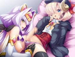 1boy age_difference azarin_(kouyoku_senki_exs-tia) beret black_gloves blonde_hair blue_eyes blush bow bow_panties breasts censored clothes_lift crossdressing curly_hair detached_sleeves elbow_gloves exs-tia_magica female game_cg gloves hair_intakes hair_over_one_eye hat headgear horns inoino kouyoku_senki_exs-tia large_breasts large_variant_set long_hair looking_at_viewer lying male mosaic_censoring nipples non-web_source official_art on_back onee-shota open_mouth panties penis penis_in_panties picologil purple_hair purple_panties ribbon sheep_horns short_hair skirt skirt_lift smile spread_legs straight thighhighs trap underwear variant_set yellow_eyes yellow_trim