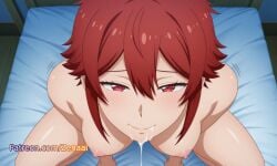 1girls ai_generated aizawa_tomo bed bedroom breasts cum cum_in_mouth female looking_at_viewer nipples nude patreon red_eyes red_hair short_hair smile solo tomo-chan_wa_onna_no_ko zenaai