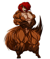 2013 abs anthro b9tribeca biceps bodybuilder canine extreme_muscles fangs female flat_chested fur furry green_eyes hair muscles muscular_female navel nipples nude open_mouth pussy red_hair solo teeth