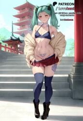 1girls ai_generated aqua_hair artificial_eye bare_shoulders black_bra black_footwear black_thighhighs blue_bra blue_panties blue_thighhighs blush boots bra breasts cardigan cleft_of_venus closed_mouth clothes_pull collarbone colored_sclera cyberpunk:_edgerunners cyberpunk_2077 cyborg day full_body green_hair hairband high_heel_boots high_heels leg_tattoo long_hair looking_at_viewer lovehent mechanical_eye miniskirt navel neck_tattoo off_shoulder open_cardigan outdoors panties panty_pull petite pleated_skirt pubic_tattoo pulled_by_self pussy pussy_peek rebecca_(cyberpunk) rebecca_(edgerunners) red_pupils red_sclera red_skirt skindentation skirt skirt_pull sky small_breasts smile solo stairs standing stomach_tattoo tattoo thighhighs torii twintails uncensored underwear yellow_eyes