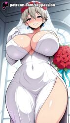 1girls 2025 ai_assisted ai_generated anime artist_name bangs bare_shoulders big_breasts big_chest blue_eyes blue_flower blue_rose blush bouquet breast breasts bridal_veil bride bust busty chest cleavage clothed_female covered_navel dress earrings eyebrows_visible_through_hair female female_focus female_only flower from_below gloves grey_hair hair_between_eyes half-closed_eyes hana_uzaki hi_res high_quality high_resolution highres holding_bouquet indoors jewelry large_breasts looking_at_viewer looking_down patreon patreon_username pink_flower pink_rose purple_flower purple_rose red_flower red_rose rose rose_petals seductive_smile shiny_skin short_hair silver_hair skypassion smile solo stable_diffusion thighs uzaki-chan_wa_asobitai! uzaki_hana veil watermark wedding_dress wedding_veil white_dress white_gloves white_rose window