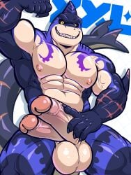 2_penises abs absurd_res anthro balls biceps big_muscles capt._locke digital_media_(artwork) diphallism erection fish flexing flexing_bicep flexing_muscles genitals hi_res humanoid_genitalia humanoid_penis male male/male marine mezzmar multi_genitalia multi_penis muscles muscular muscular_anthro muscular_male nipples pecs penis shark simple_background smile solo solo_focus tail teeth vein xxl_woofia