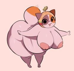 absurd_res anthro ass big_breasts big_butt breasts cheezborger_(chikn_nuggit) chikn_nuggit digital_media_(artwork) felid feline female hi_res huge_breasts huge_butt mammal nipples overweight overweight_anthro overweight_female samirachuni simple_background smile solo tail thick_thighs white_body