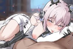 1boy absurdres animal_ears bare_shoulders blank_censor blue_eyes breasts bright_pupils censored commission dress fake_animal_ears female hair_ornament headgear highres long_hair mango_(mgo) mechanical_arms mechanical_ears medium_breasts nipples penis pink_hair pixiv_commission pov punishing:_gray_raven teddy_(pgr) thighs tongue tongue_out white_dress white_pupils