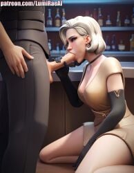 1boy 1girls ai_generated bar black_gloves blowjob blush cleavage dress earrings fellatio female_focus formalwear_mercy handjob handjob_while_sucking lumirae mercy overwatch patreon patreon_url patreon_username self_upload white_hair yellow_dress