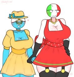 ass beach big_ass big_breasts blue_body bowtie bracelet breasts countryhumans countryhumans_girl dress female friendship_is_magic futanari green_skin happy hat holding_hands horny intersex italy_(countryhumans) kak0yt0_chel nsfw red_body red_dress san_marino_(countryhumans) suspicious white_body yellow_body yellow_dress