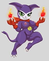 2025 anthro bandai_namco big_breasts breasts clothing digimon digimon_(species) digital_media_(artwork) docsye elemental_manipulation fangs female fire fire_manipulation gloves green_eyes handwear hi_res impmon mostly_nude navel nude purple_body solo teeth thick_thighs