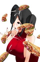 absurdres breasts bukkake censored cum cum_in_mouth cum_on_body dress erection facial fellatio female food highres large_breasts large_penis looking_at_penis male non-web_source oral original penis penis_on_face red_dress sandwich surrounded_by_penises