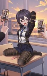 1girls absurdres ball_gag black_eyes black_hair black_pantyhose blazer blue_necktie bondage bound breasts cloud cloudy_sky collared_shirt commission crotch_rope egg_vibrator gag gagged highres indoors jacket long_hair looking_at_another low_twintails medium_breasts necktie on_table pantyhose phone pixiv_commission pleated_skirt restrained saliva_drip school_uniform sex_toy shibari_over_clothes shirt sitting skindentation skirt sky table twintails vibrator wariza white_shirt window yanx5