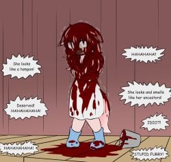 1girls anthro blood boots bullying covered_in_blood crying dialogue dress e254e female fur_(theterm) fur_just_wanna_be_friend offscreen_character shaking tagme tears wolf wolf_girl