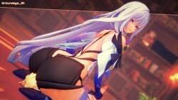 aether_(genshin_impact) ass ass_bigger_than_head big_ass clothed_ass facesitting femdom genshin_impact handjob red_eyes skirk_(genshin_impact) smirk white_hair yellow_hair