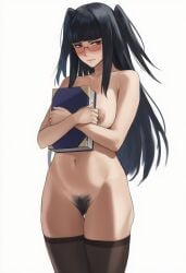 1girls black_hair covering_breasts female fire_emblem fire_emblem_awakening glasses hairy_pussy long_hair nervous nintendo nude shy tharja_(fire_emblem) thighhighs yumi_(artist)