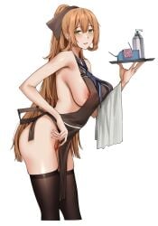 1girls apron ascot black_thighhighs blush breasts brown_hair condom_wrapper cowboy_shot from_side girls'_frontline green_eyes hi_res holding kitsune_udon_(ai_br) large_breasts long_hair looking_at_viewer lube naked_apron neckerchief nipple_slip nipples open_mouth ponytail pubic_hair pussy simple_background smile solo solo_female springfield_(girls'_frontline) thighhighs towel tray white_background