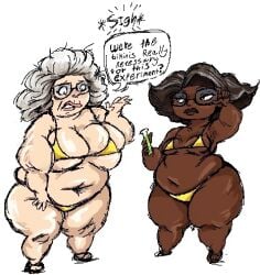 2girls bikini breast_size_difference breasts brown_hair cascadedrawz chocolate_and_vanilla chubby chubby_female dark-skinned_female dark_skin disney dr._nisha dr._sam elderly_female female grey_hair hoppers huge_breasts light-skinned_female light_skin mature mature_female medium_breasts micro_bikini older_female pixar plump thick_thighs