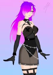 artist_signature black_dress black_gloves breasts ceris_(rainimator) dress female gloves gradient_background hair_over_one_eye long_gloves long_hair mcyt minecraft minecraft_youtubers pasties purple_eyes purple_hair rainimator see-through see-through_clothing sparkles thighhighs thighs twitch twitch.tv twitch_streamer twitter twitter_username youtube youtuber youtubers
