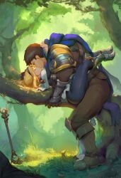 -_-abc 1boy 1boy1girl 1girls ai_generated armor armored_female blonde_female blonde_hair branch brother_and_sister clothed dry_humping fallen_tree female forest garen_crownguard grabbing grabbing_head incest kissing league_of_legends luxanna_crownguard male mating mating_press riot_games size_difference thighs tree wand