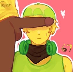 2boys bandana_on_neck black_skinned_male block_tales blushing cock_over_eyes green_cap hdhfhf headphones_around_neck male_only megaphone_man_(block_tales) putanginamo roblox roblox_game robloxian shotgun_bloke_(block_tales) yellow_skin