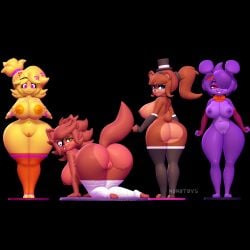 3d_(artwork) 3d_modeling 3d_print all_fours animatronic anthro ass avian bear big_breasts big_butt bird blue_eyes bonfie_(cryptiacurves) bonnie_(fnaf) breasts brown_body canid canine chica_(fnaf) chicken chiku_(cryptiacurves) clothed clothing digital_media_(artwork) eyewear female fexa_(cryptiacurves) five_nights_at_freddy's footwear fox foxy_(fnaf) freddy_(fnaf) fredina's_nightclub frenni_(cryptiacurves) galliform gallus_(genus) genitals gloves group handwear happy hat headgear headwear hi_res lagomorph leporid looking_at_viewer machine mammal mtf_crossgender necktie nipples nonotoys partially_clothed phasianid pink_eyes purple_body rabbit raised_tail red_body robot rule_63 scottgames simple_background smile socks solo standing tail vulva yellow_body