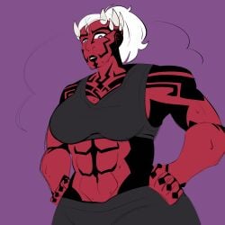 abs bra breasts dathomirian female hips horns large_breasts larger_female muscular muscular_female ponytail purple_eyes red_skin sahjii_ovess_(star_wars) star_wars sweat sweating tattoo tattoos tattoos_everywhere white_hair workout workout_clothes zabrak zestyskele