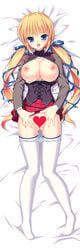 blonde_hair blue_eyes breasts censored dakimakura female hair_ribbon heart heart_censor highres kazamatsuri_mana lying manatsu_no_yoru_no_yuki_monogatari mikeou nipples novelty_censor open_clothes open_shirt panties panty_pull pussy ribbon shirt spread_pussy sweat thighhighs tied_hair twintails underwear white_legwear white_panties