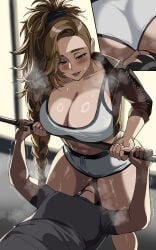 1boy 1girls blonde_hair drogod_(artist) fit fit_female gemma_(monster_hunter_wilds) gym gym_clothes light-skinned_female monster_hunter monster_hunter_wilds muscular_female sitting_on_face tall_female workout workout_clothes